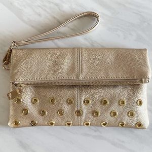 Gold Leather Clutch Bag with Gold Accents & Wristlet